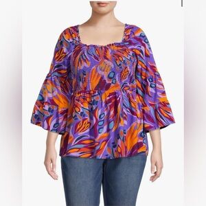 Terra & Sky Purple Multi Smocked Square-Neck Peasant Top